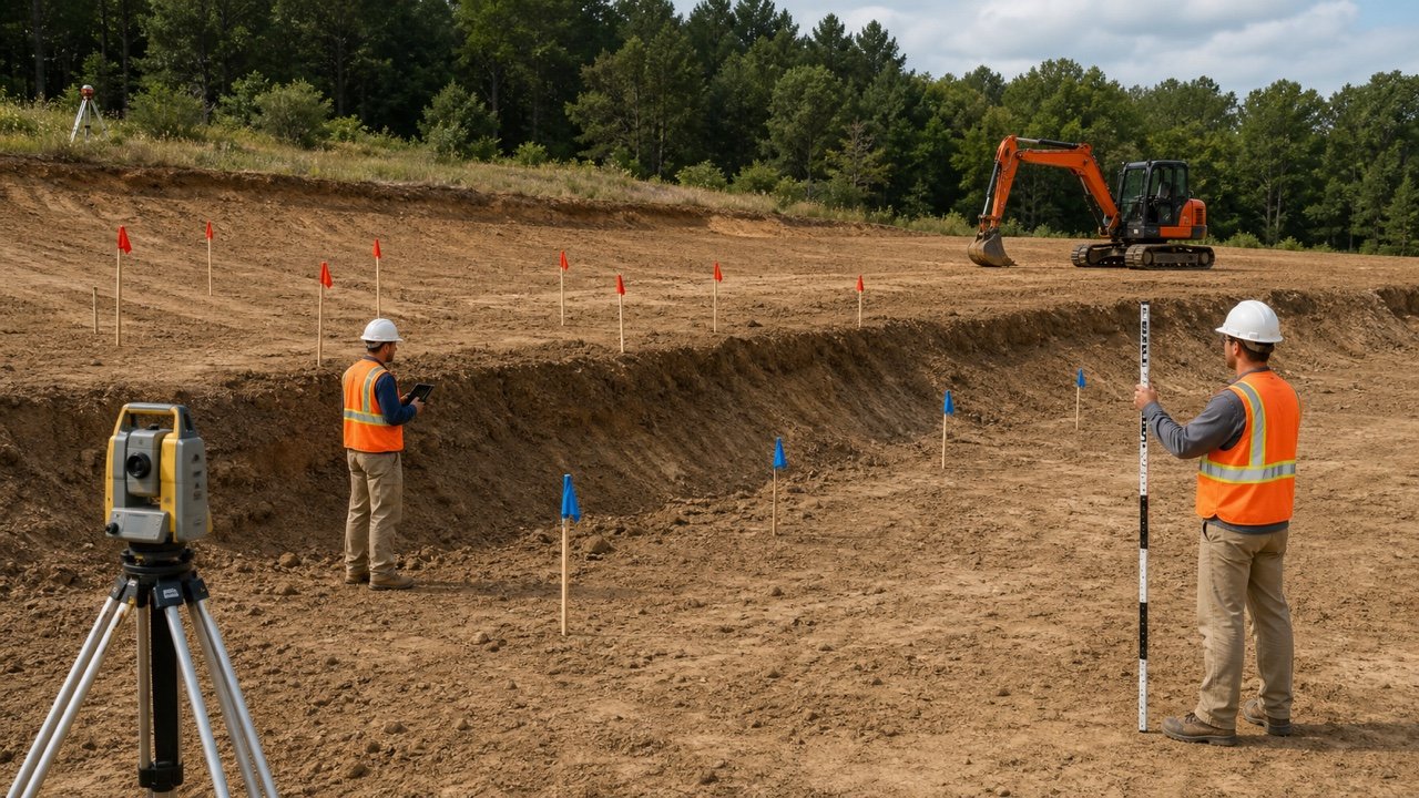 Survey crew checking cut and fill levels across a staked grading grid with an excavator parked in the background.