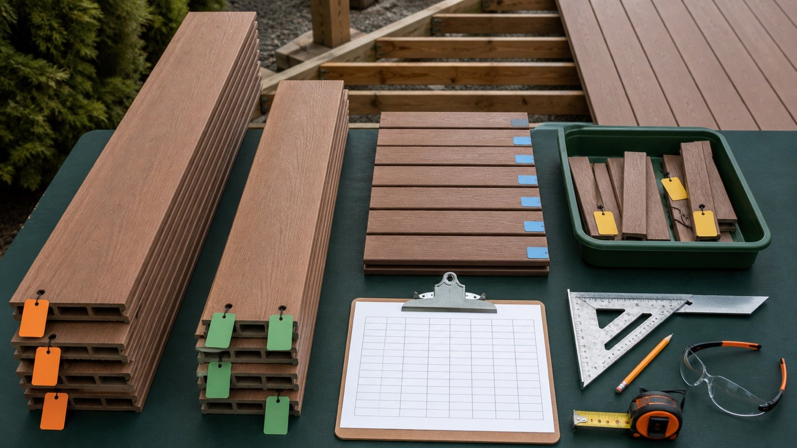 Two groups of unbranded deck-board stock, identified finished pieces and reusable offcuts beside measuring tools and a blank cut-list grid.