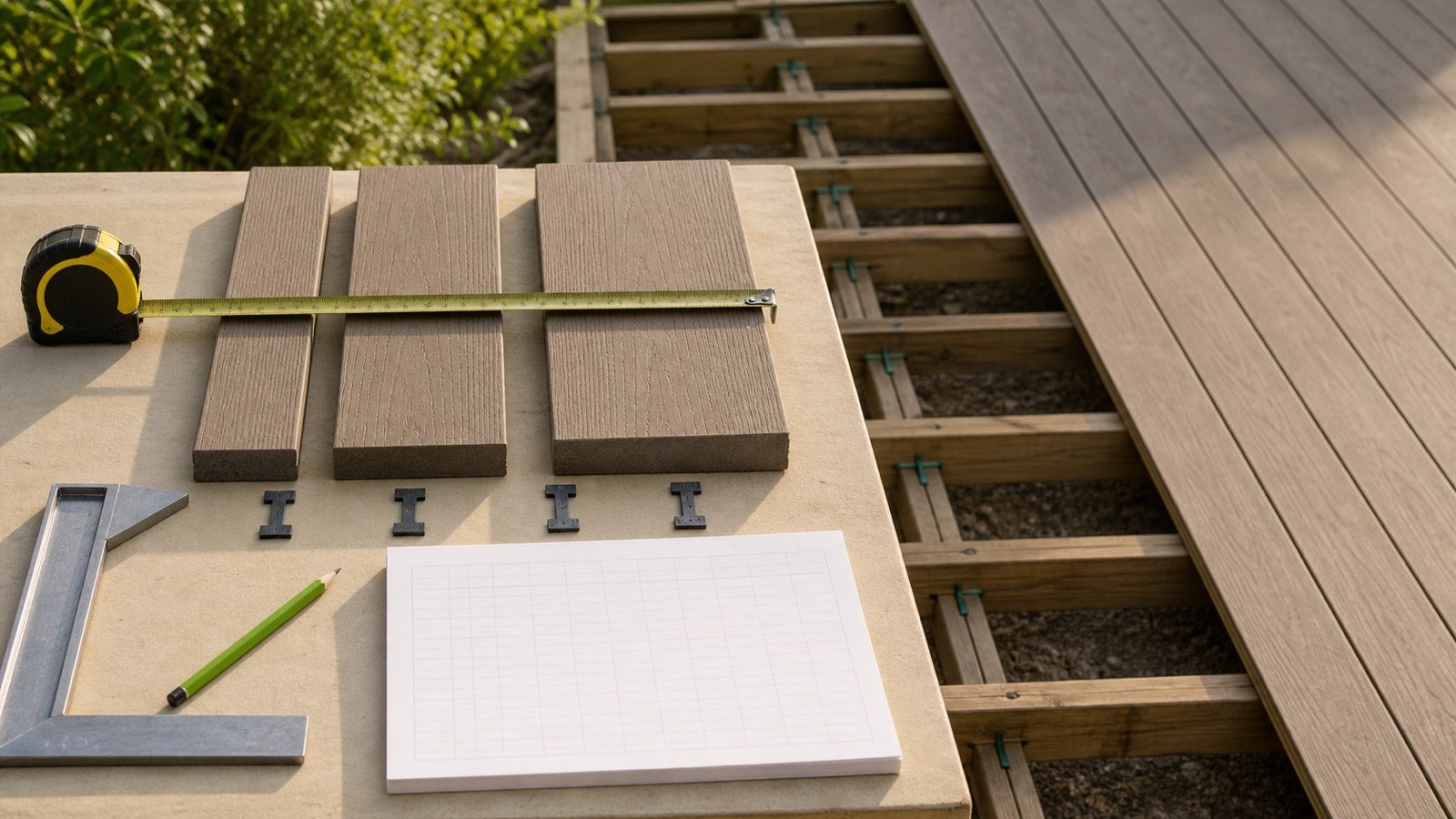 Three unbranded deck-board samples with different face widths beside a tape, spacing gauges, square and blank quantity ledger.