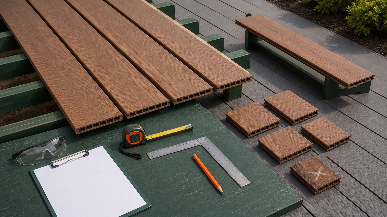 Full deck boards, grouped reusable offcuts, one marked rejected sample and one separate spare beside measuring tools and a blank quantity ledger.