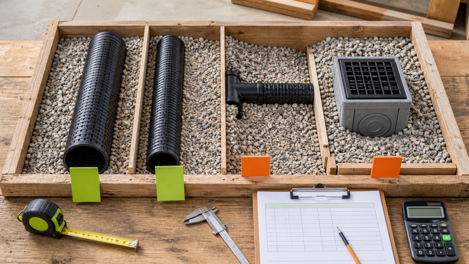 Drainage gravel mockup divided into zones for two pipes, a tee fitting and a catch basin, with calipers and a quantity ledger.