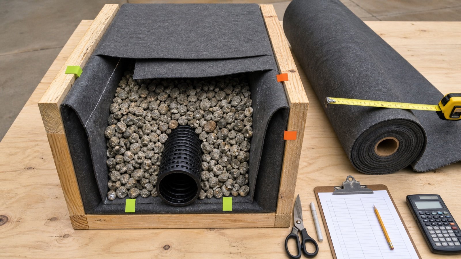 Drainage trench mockup with geotextile under gravel, up both sides and folded across the top beside a fabric roll and cut ledger.