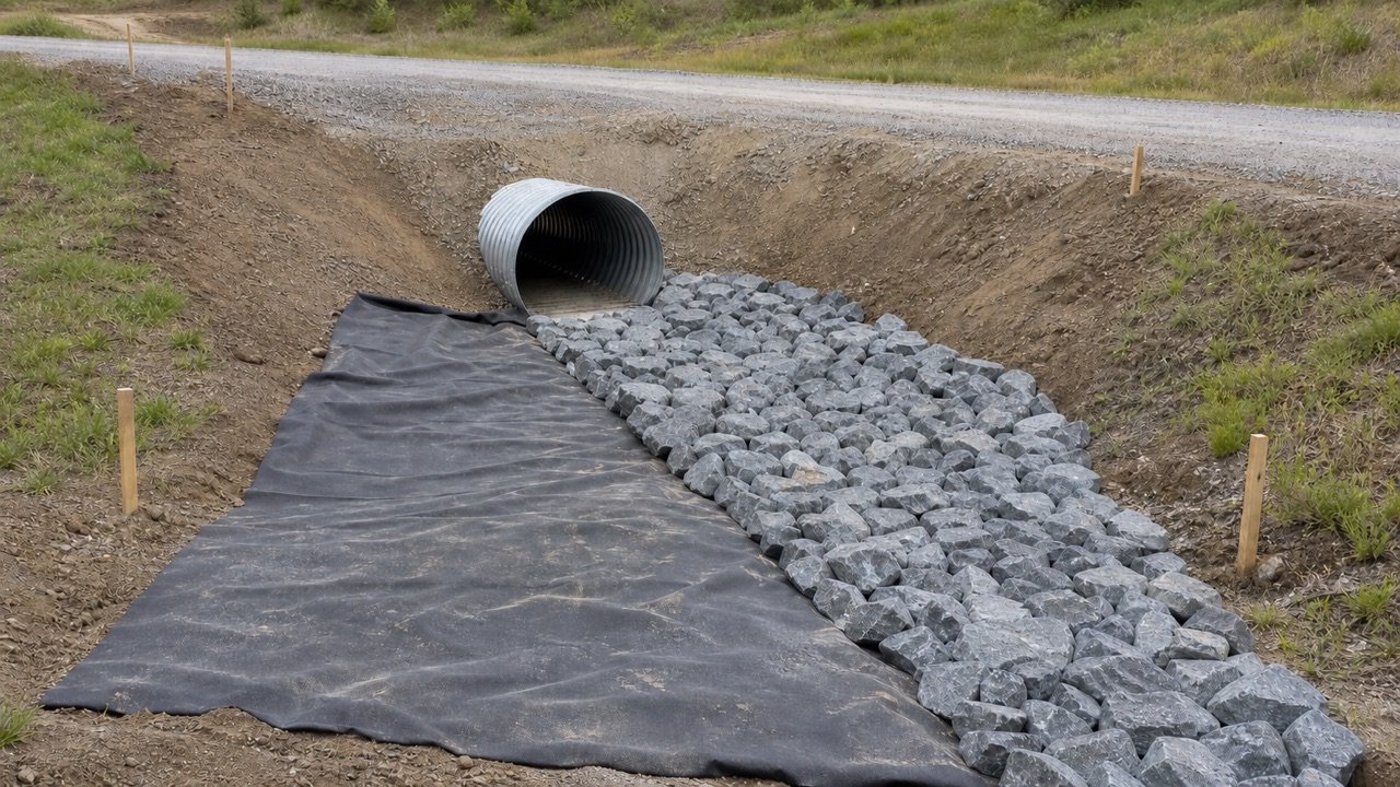 Corrugated driveway culvert outlet above a flared apron with exposed geotextile on one side, placed angular riprap on the other, and grade stakes marking the limits.