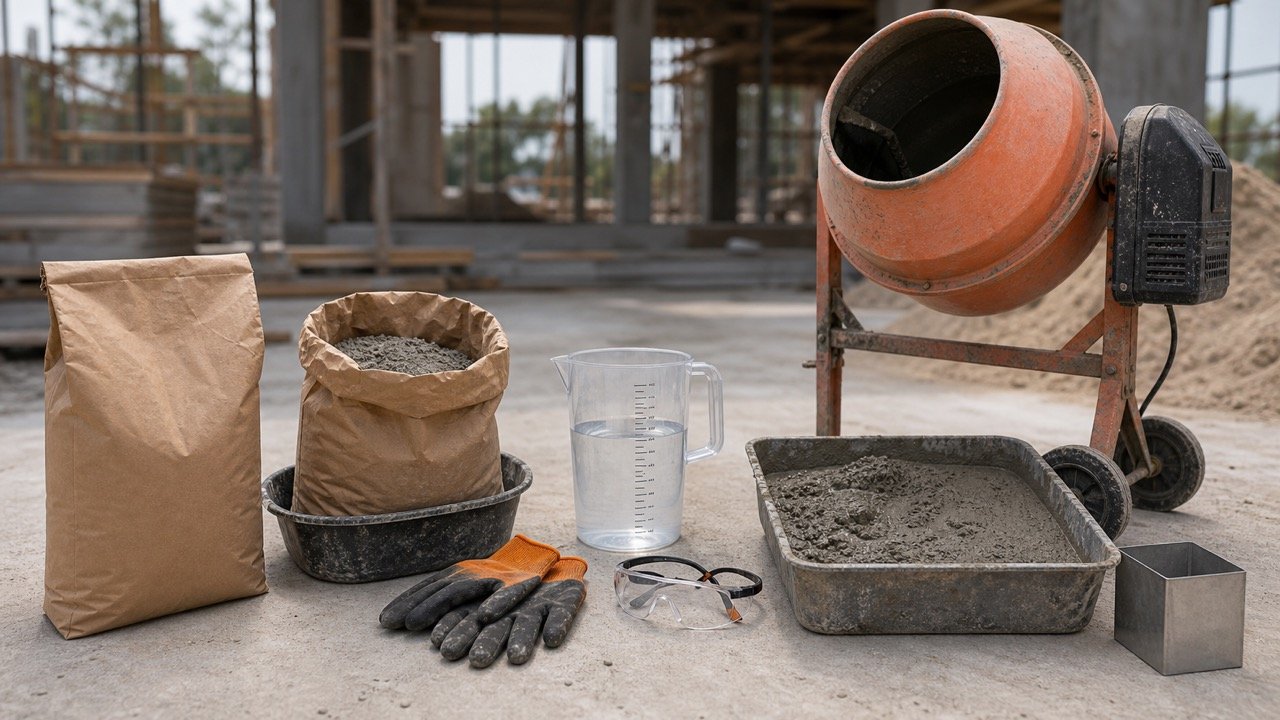 Sealed and opened plain concrete mix bags beside measured water, safety equipment, a mixer and a pan of fresh concrete.