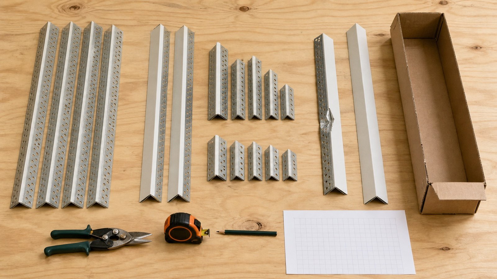 Full drywall corner-bead stock, complete cuts, separate short offcuts, a dented rejected piece, a spare piece and a plain carton arranged on a workbench.
