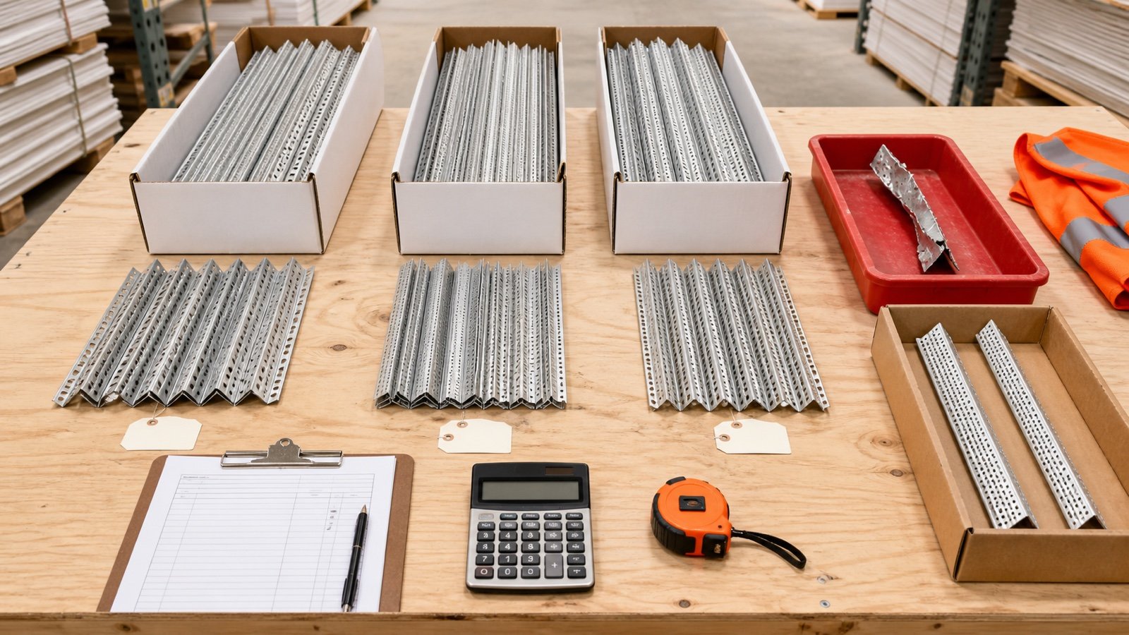 Separate drywall corner-bead product groups, plain cartons, an ordering worksheet, a quarantined damaged piece and two surplus pieces on a warehouse bench.