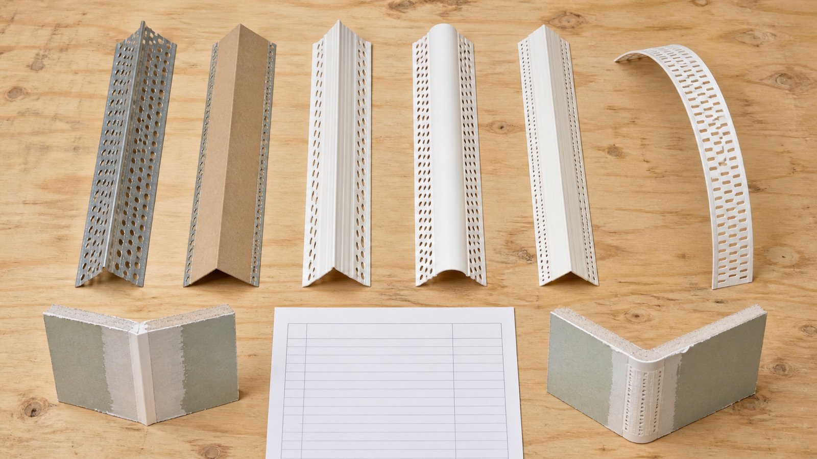 Metal, paper-faced, vinyl, bullnose, chamfer and flexible drywall corner bead profiles arranged beside drywall corner samples and a blank takeoff sheet.