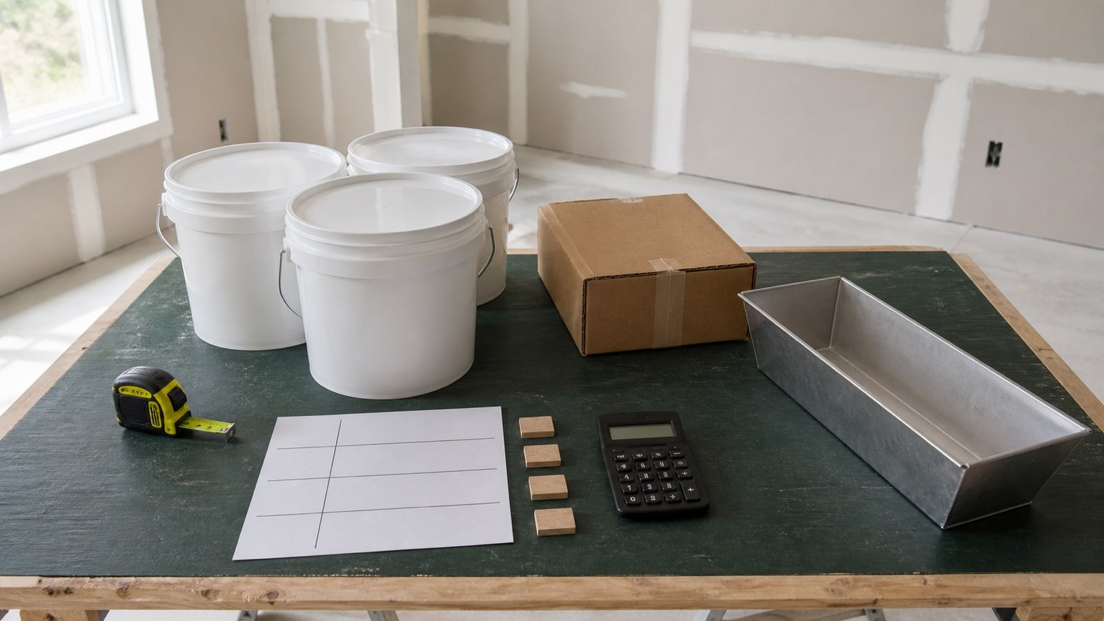 Three plain joint compound pails and a carton beside a blank quantity ledger, tally blocks, calculator and clean mud pan.
