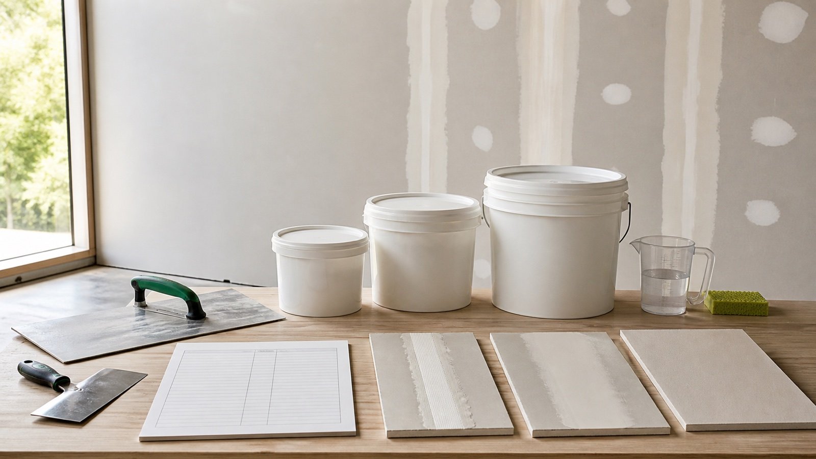 Three plain joint-compound containers, drywall finish samples, measuring tools and a blank coverage worksheet on a workbench.