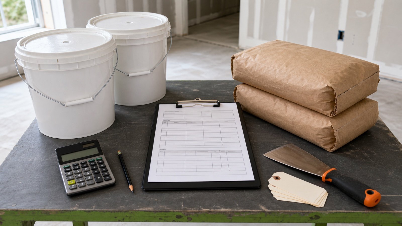 Two plain joint compound pails and two dry-compound bags beside a blank ordering worksheet, calculator, tags and finishing knife.