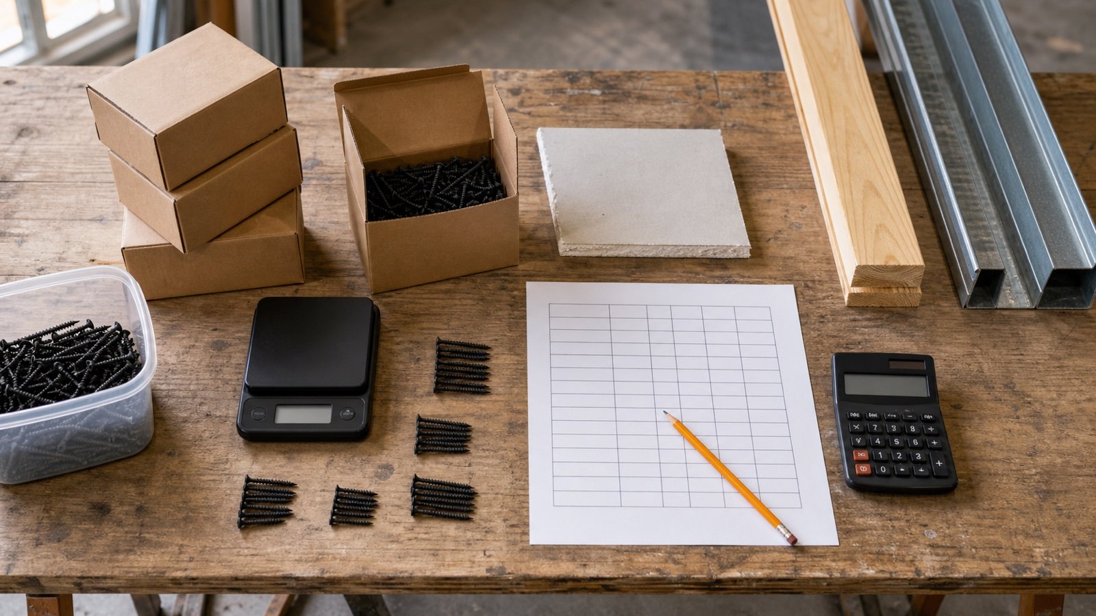 Plain drywall screw boxes, loose matching stock, a scale and an empty purchase worksheet on a contractor workbench.