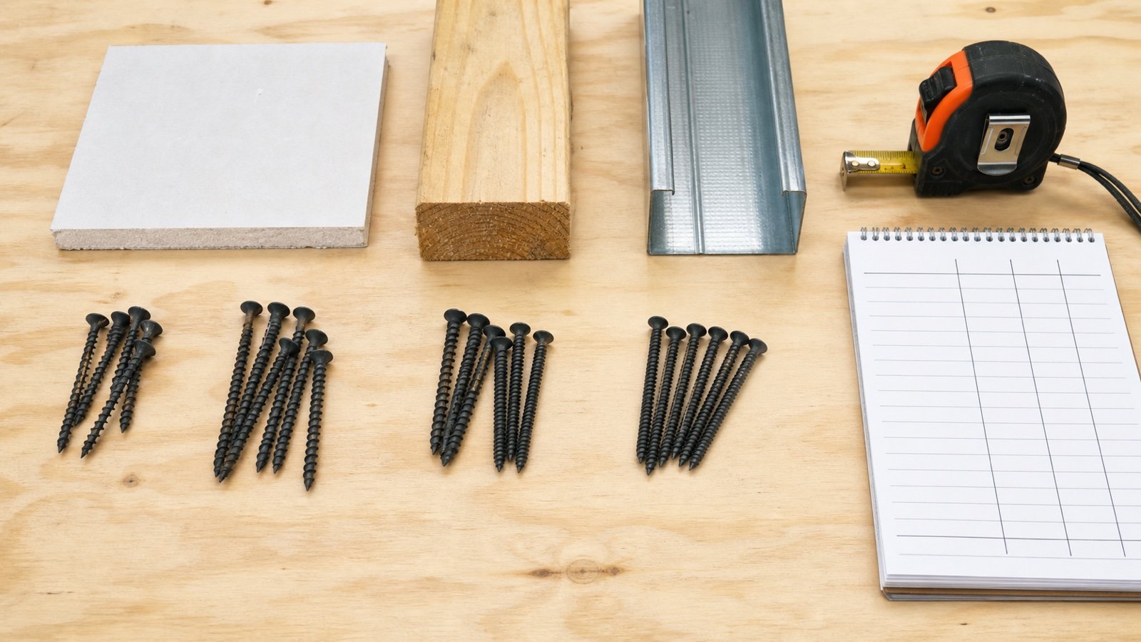 Different drywall screws arranged beside gypsum board, wood framing and light-gauge steel samples on a workbench.