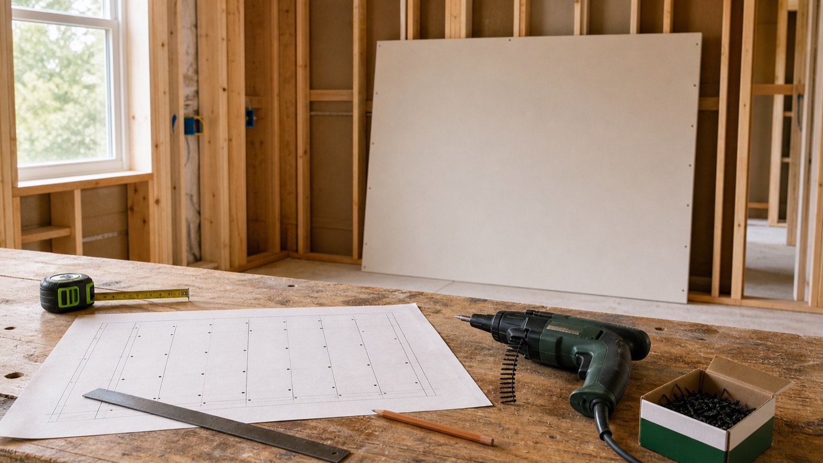 Drywall panel, exposed wall framing, screw gun and a fastening-position drawing on a workbench.