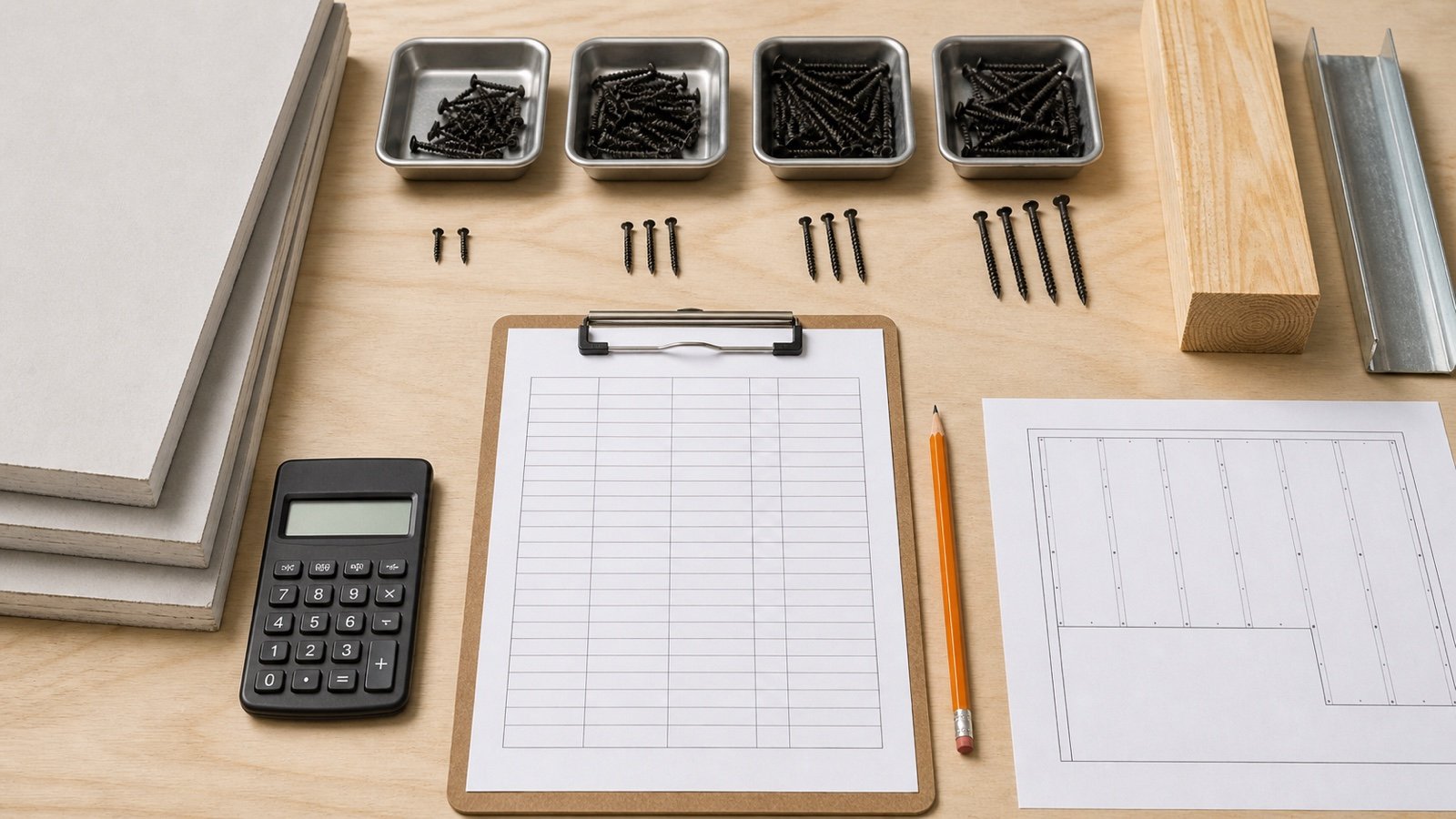 Drywall screws grouped in trays beside a blank takeoff worksheet, calculator, gypsum panels, wood and steel framing samples.