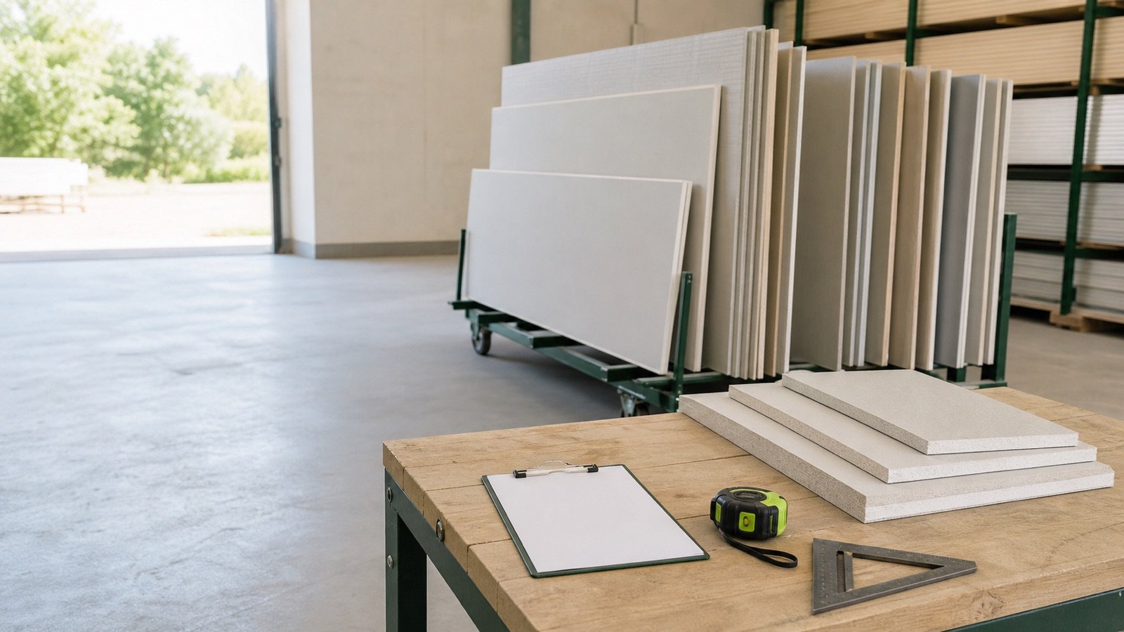 Unbranded gypsum panels of different sizes on a panel cart beside sample edges, a tape measure, square and blank clipboard.