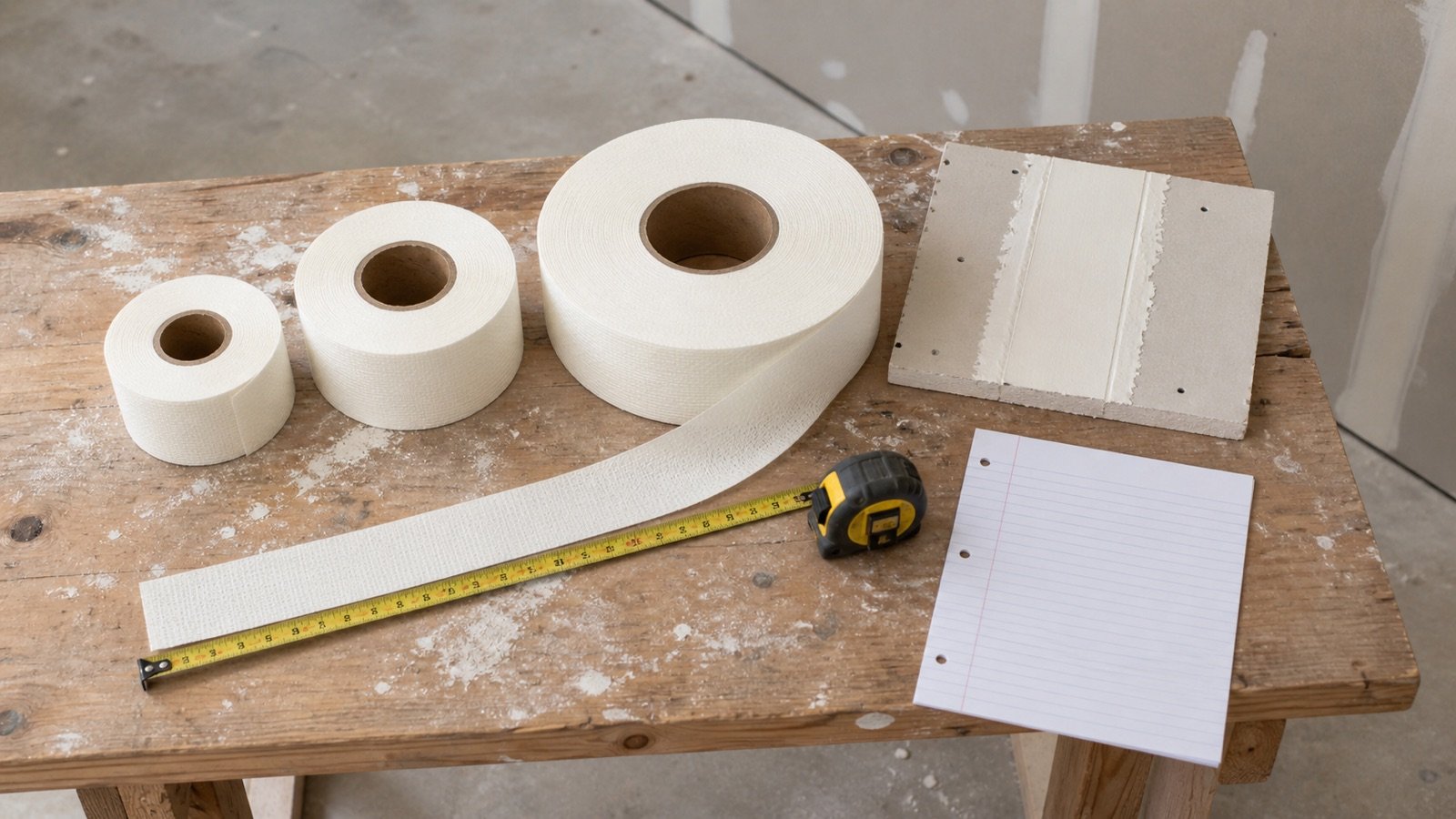 Three unbranded drywall tape rolls in different sizes beside an unwound tape, measuring tape, drywall seam sample and blank takeoff sheet.