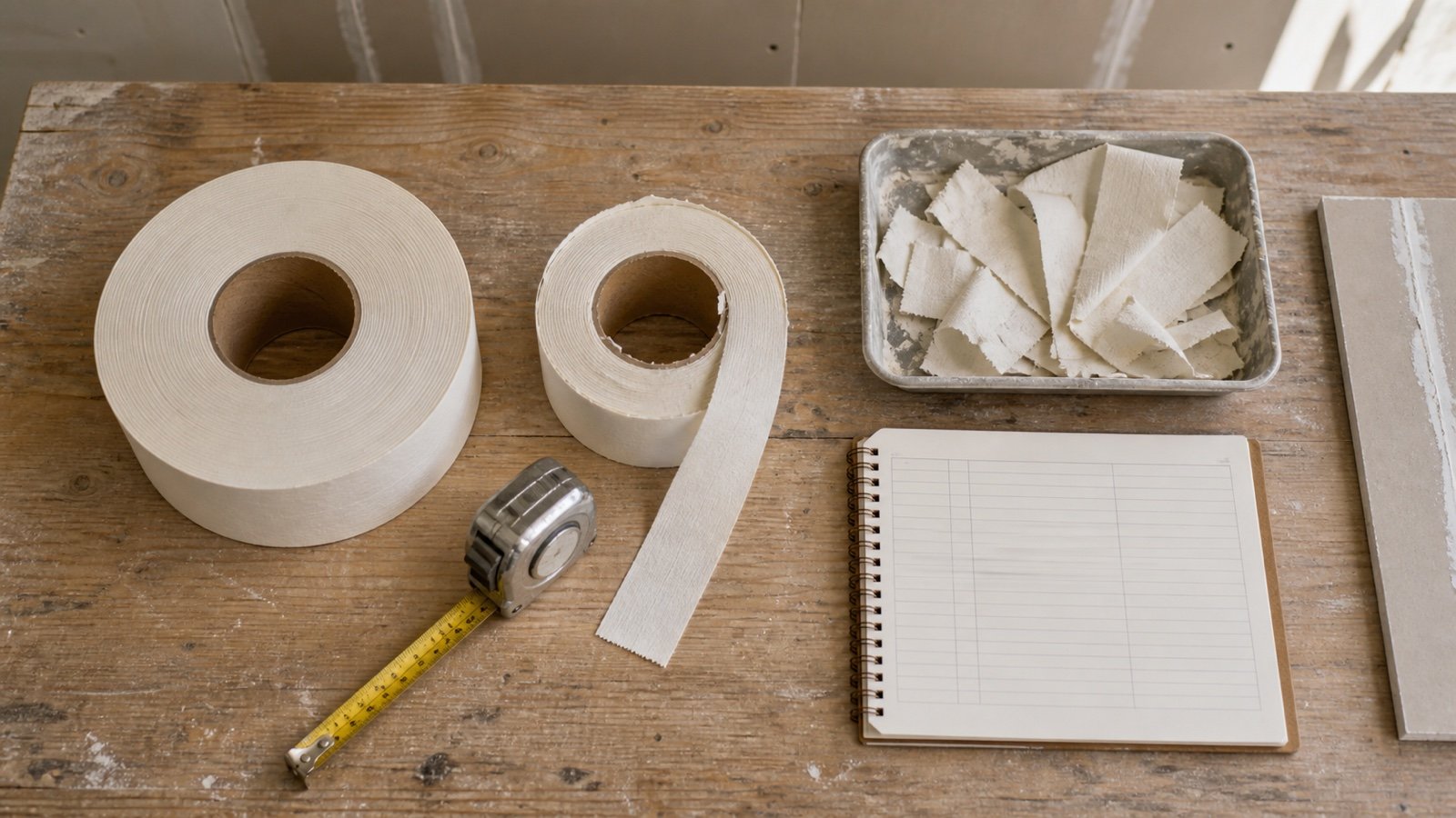 Full drywall tape roll, measured partial roll and rejected short offcuts beside a blank allowance ledger on a workbench.