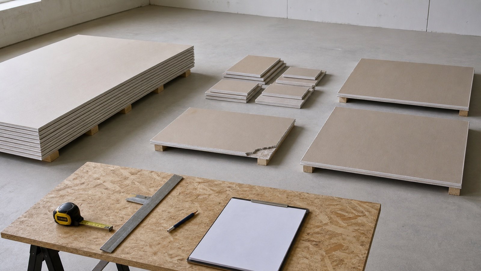 Drywall panels stored flat with sorted offcuts, one damaged sheet, separate reserve sheets and a blank material ledger.