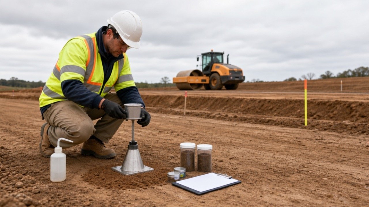 Construction materials technician documenting a sand-cone density test on a compacted fill lift with a soil roller parked in the background.