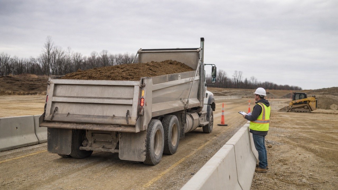 Site receiver checking a fill dirt delivery ticket beside a dump truck stopped in a controlled construction receiving lane.