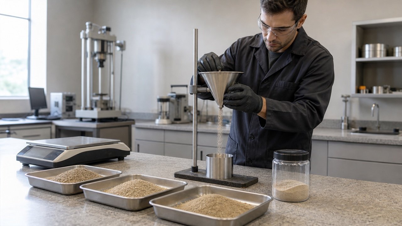 Laboratory technician releasing dry fine aggregate through a metal funnel into a cylindrical measure beside separated sand fractions.