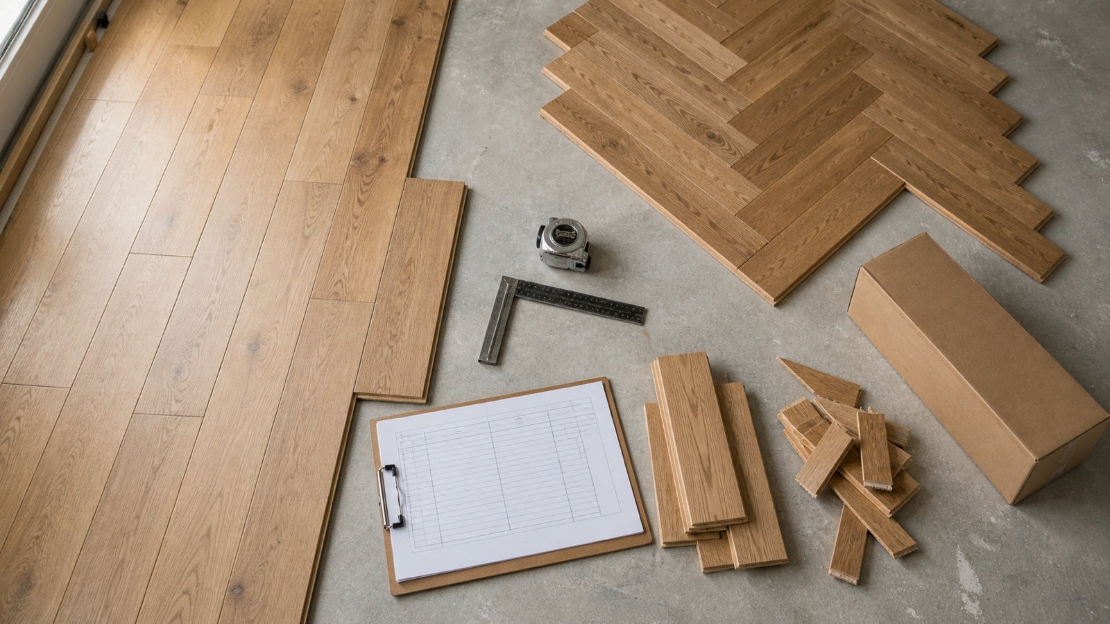 Straight flooring rows and a herringbone sample beside a tape measure, square, sorted offcuts, blank allowance ledger and sealed reserve carton.