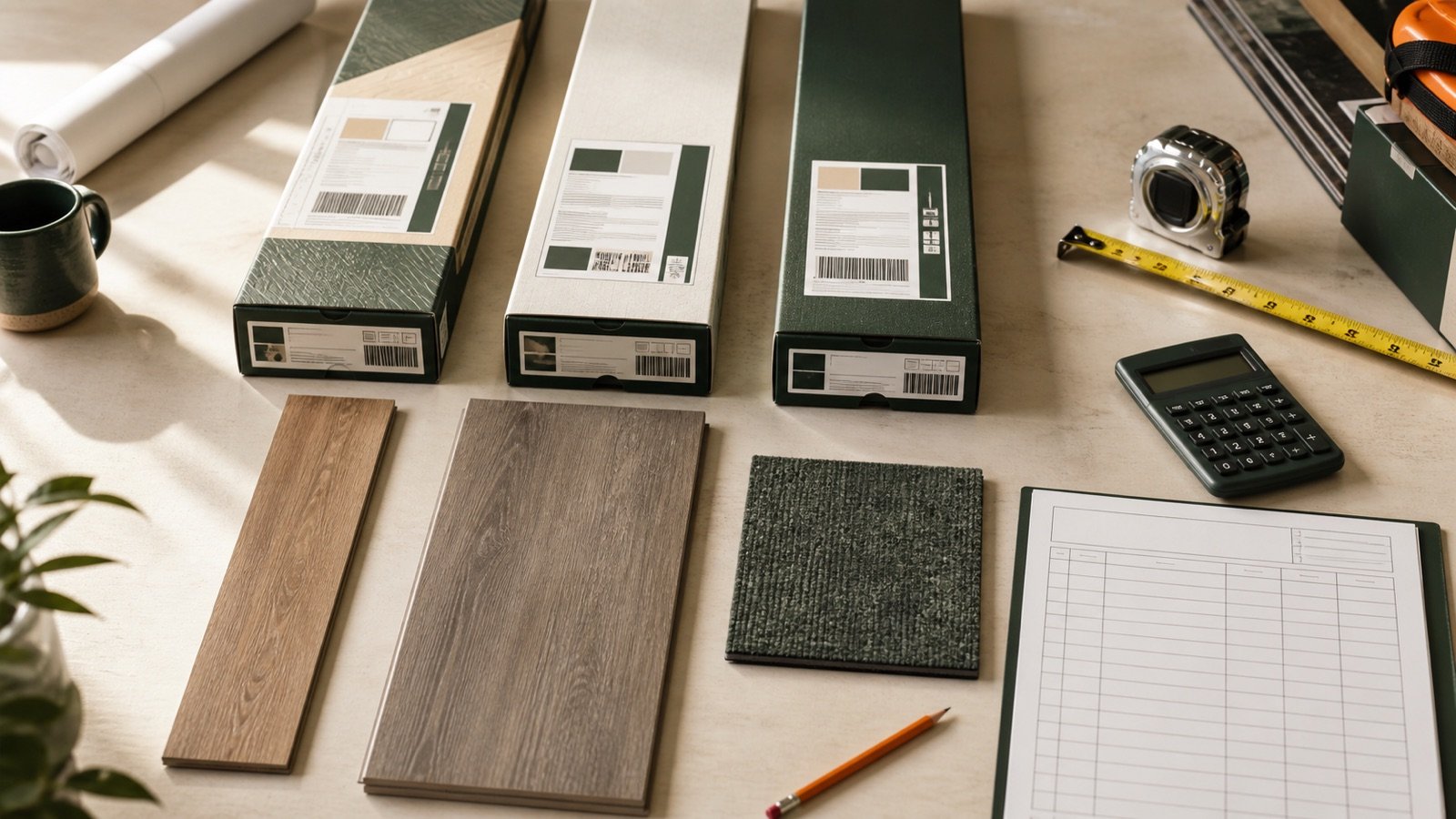 Three sealed flooring cartons with abstract product labels beside different flooring samples, a tape measure, calculator and blank package ledger.