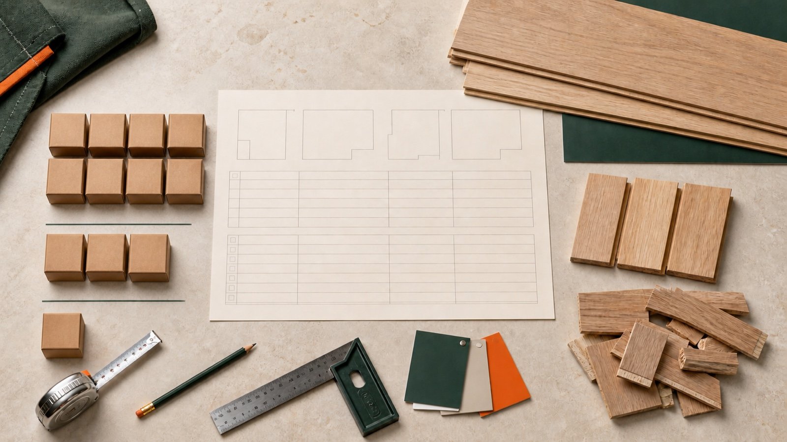 Blank flooring worksheet beside 12 grouped carton tokens, plank samples, sorted offcuts, tape measure, square and pencil.