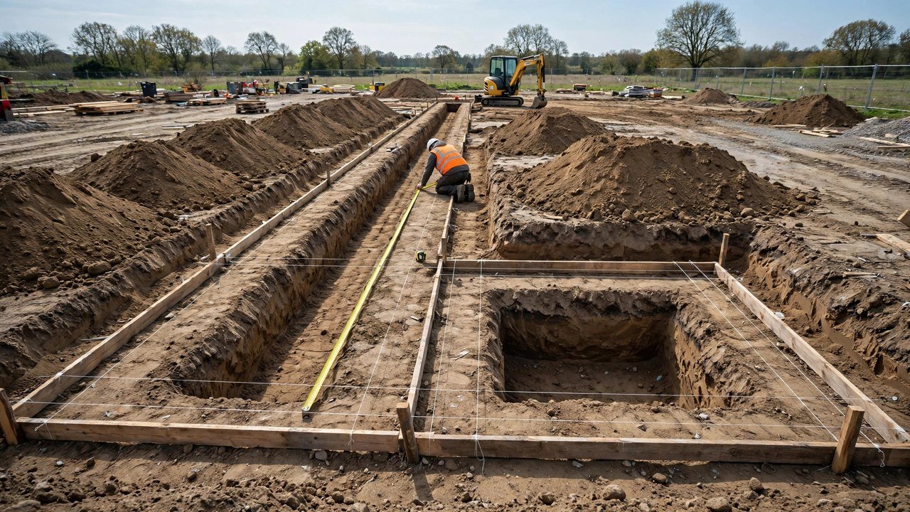A worker in a hard hat and orange vest measuring a footing trench with a yellow tape measure, with a square sloped pad pit beside it, string lines and batter boards marking the layout, an excavator and spoil piles in the background.