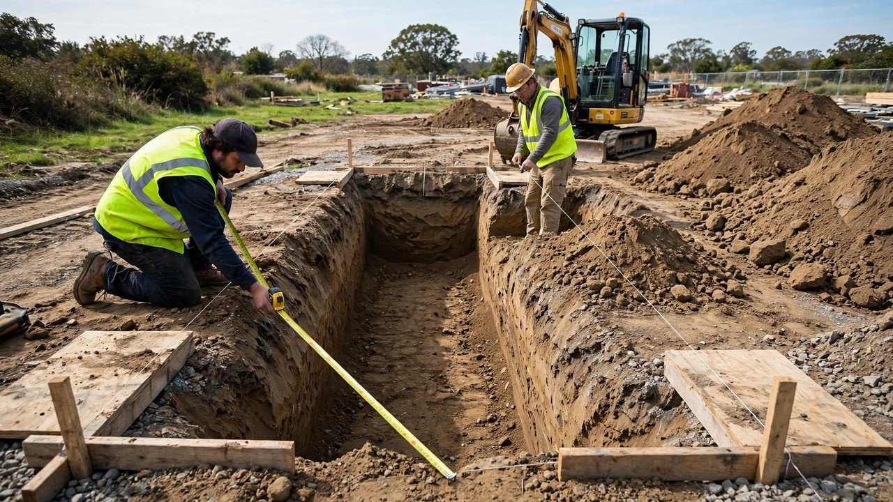 A worker measures the width and depth of a freshly dug footing trench with a tape measure while a second worker holds a string line, with an excavator and spoil piles nearby.