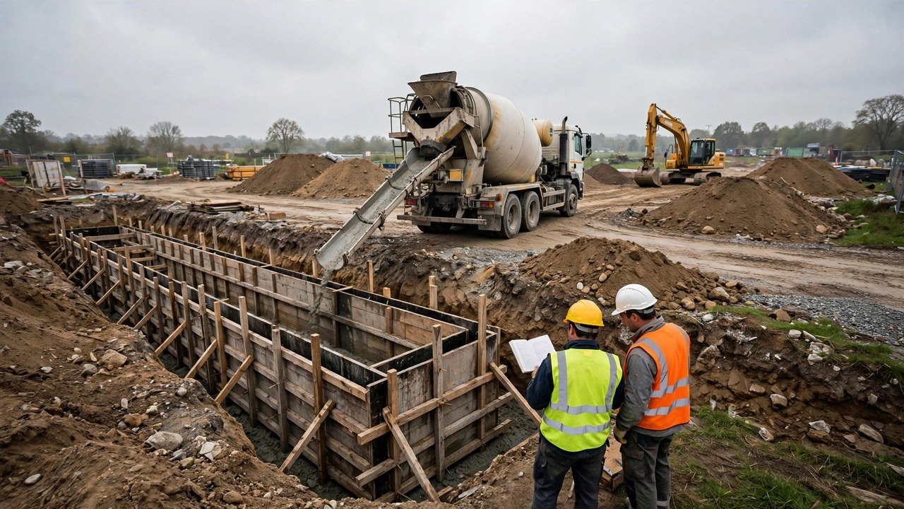 A concrete mixer truck discharging through its chute into timber-formed footing trenches, with an excavator and spoil piles behind and two workers checking an open notebook in the foreground.