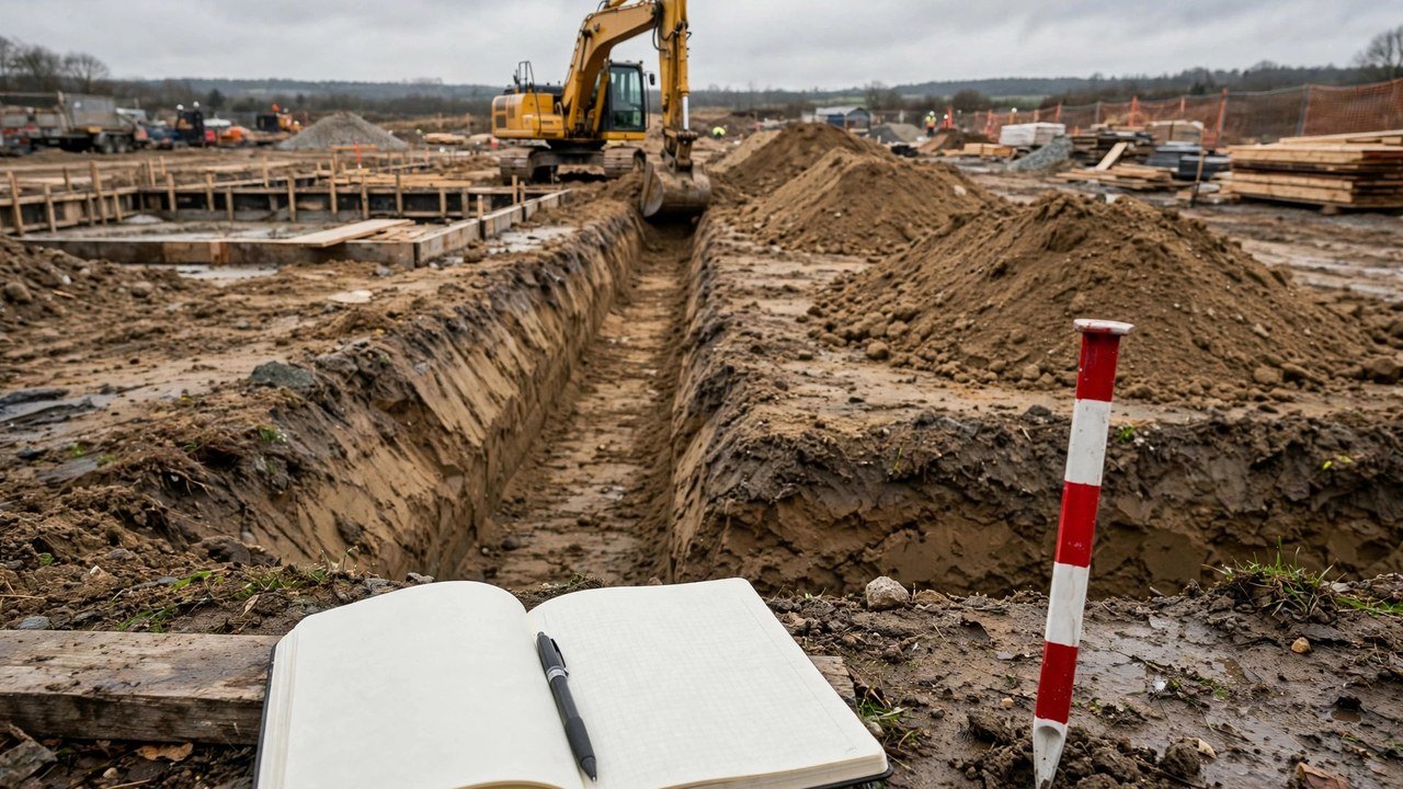 An excavator digging footing trenches with sloped sides beside set-back spoil piles, a red-and-white survey stake, and an open notebook with a pen in the foreground.