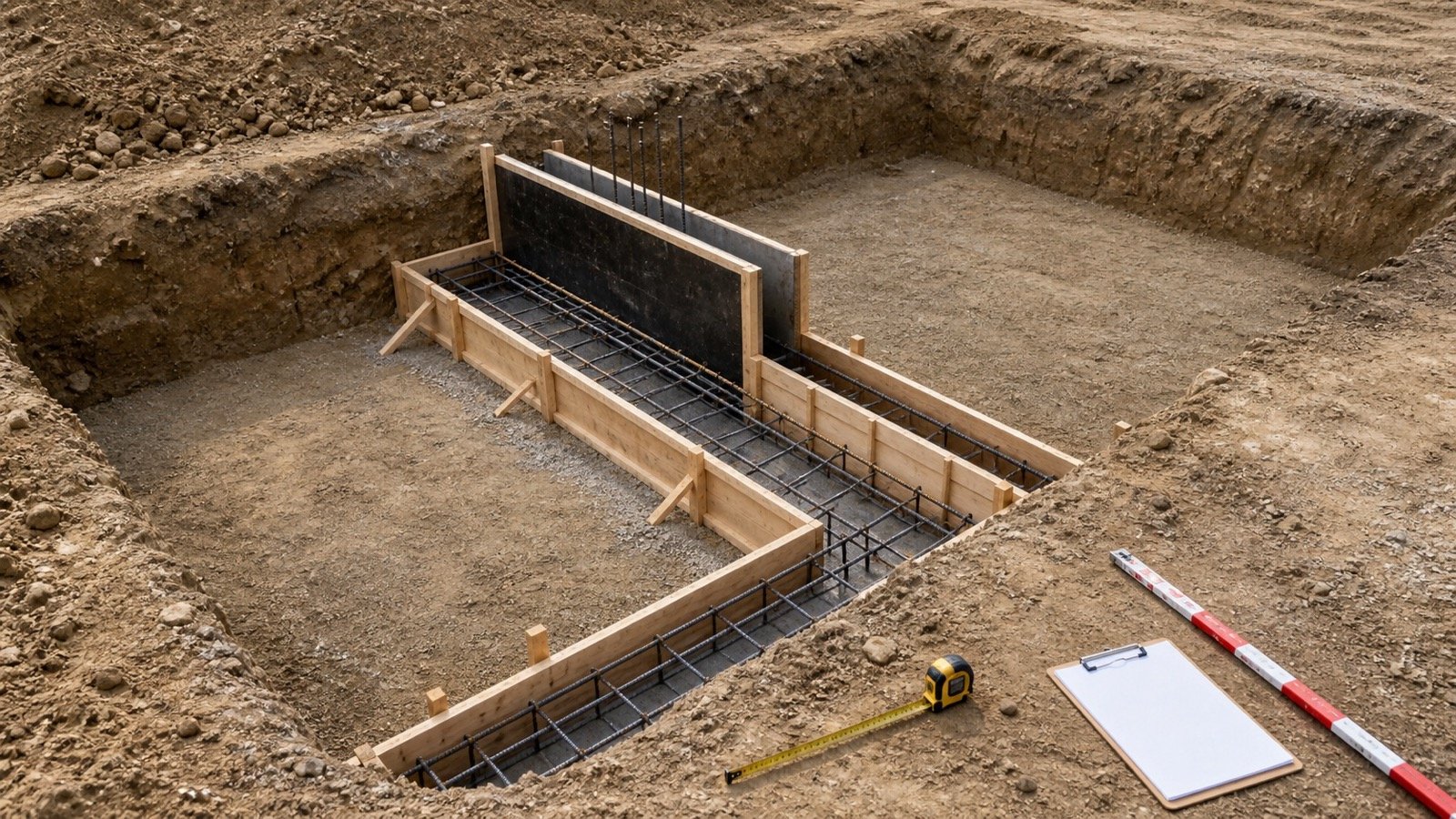 Wide foundation excavation containing narrower strip-footing and wall formwork, with visible space around the permanent concrete footprint.