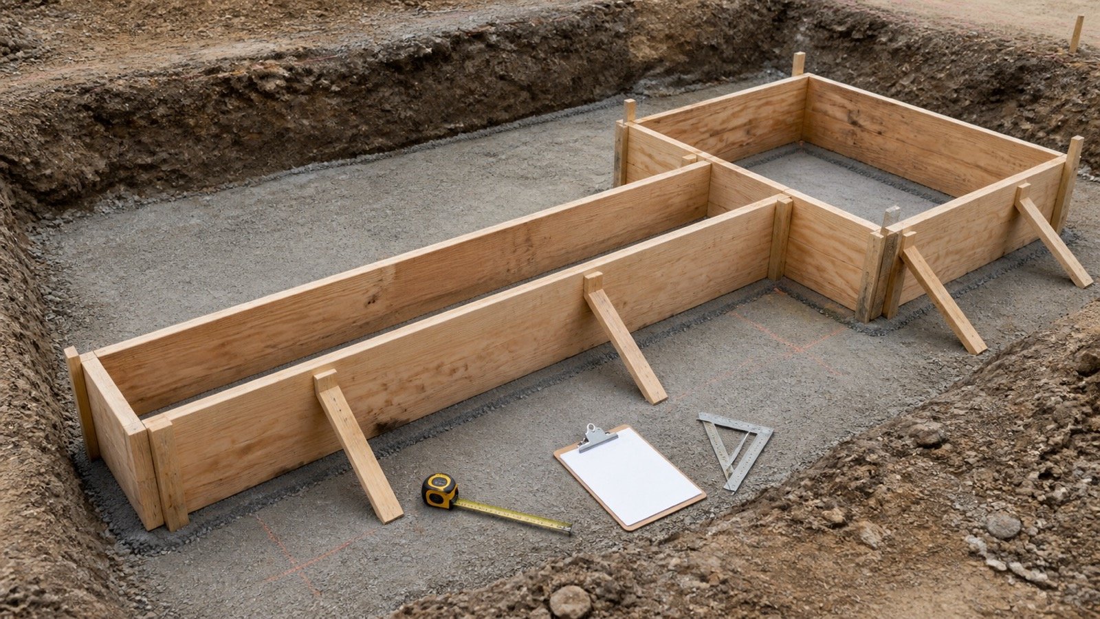Timber side and end forms around connected strip and pad footing shapes on a clean blinding layer.