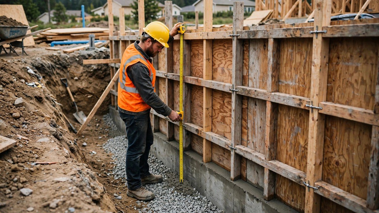 A construction worker in a yellow hard hat and orange high-visibility vest measuring the height of wooden foundation wall formwork with a yellow tape measure at a residential construction site.