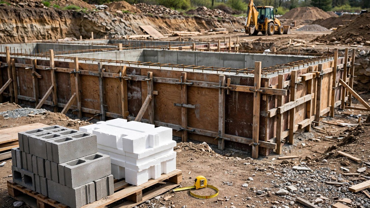 Wooden formwork standing around a freshly poured concrete foundation wall at an excavation site, with stacks of grey concrete blocks and white insulated concrete form blocks on a wooden pallet, a yellow tape measure, and a backhoe in the background.