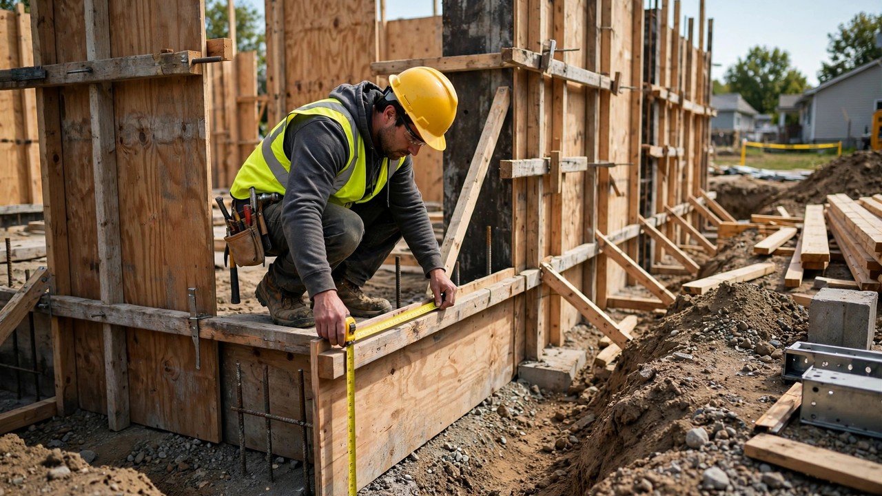 A construction worker in a yellow hard hat and high-visibility vest crouching on wooden foundation wall formwork, stretching a yellow tape measure along the top of the forms at a residential construction site.
