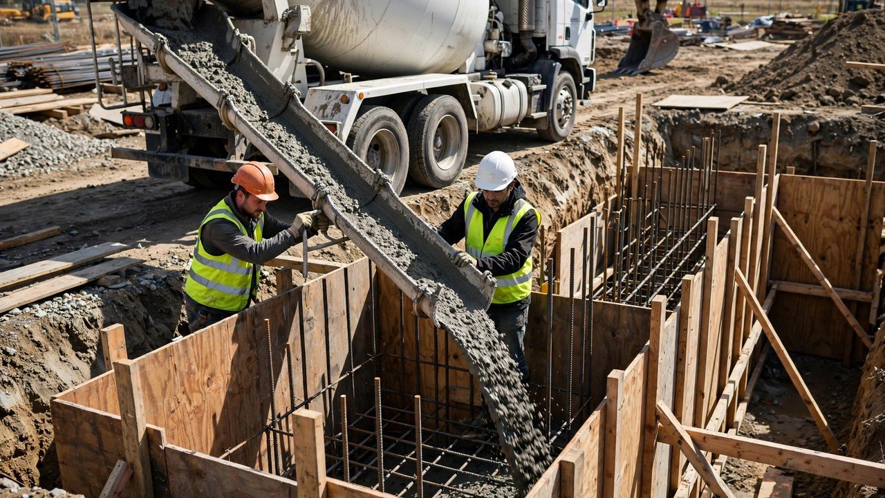 A white ready-mix concrete truck discharging wet gray concrete from its extended chute into tall wooden foundation wall forms inside an open excavation, with two workers in hard hats and high-visibility vests guiding the flow and steel rebar visible inside the forms.