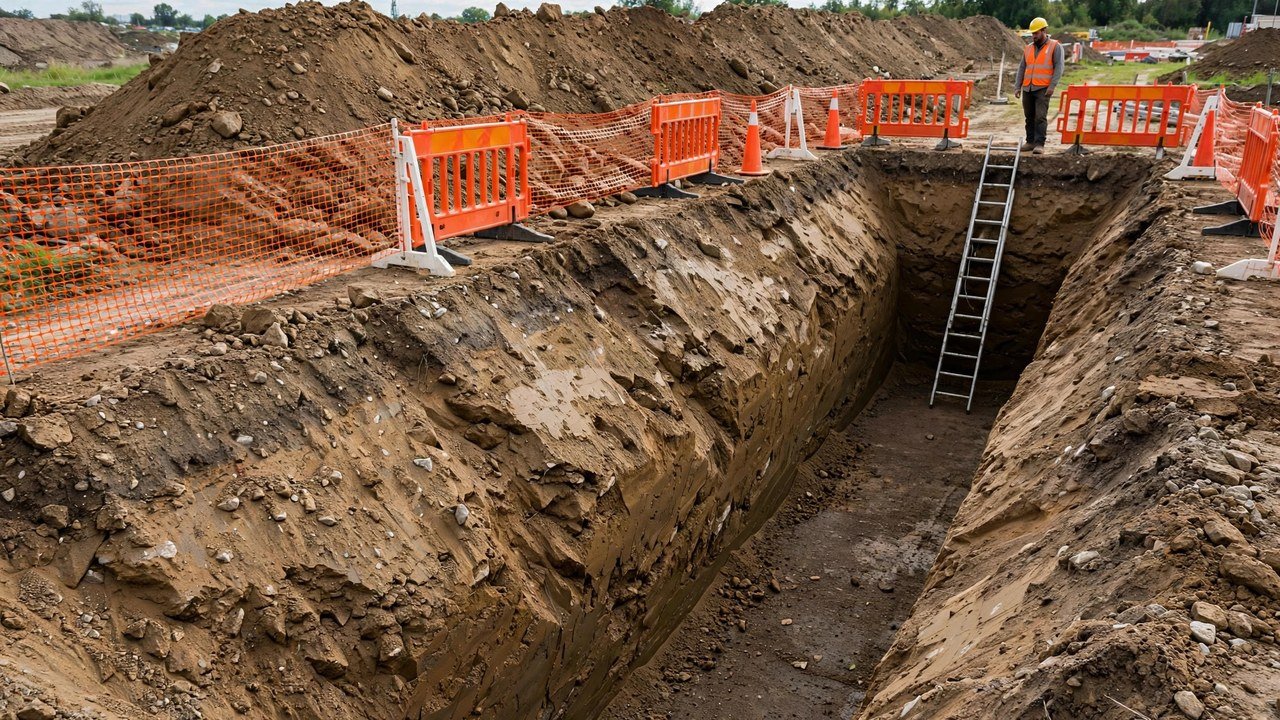 A deep open foundation wall trench with near-vertical soil walls, spoil piles set back from the edge, orange safety barriers and fencing along the edge, a metal ladder set in the trench for egress, and a worker in a hard hat and safety vest standing at the top edge.