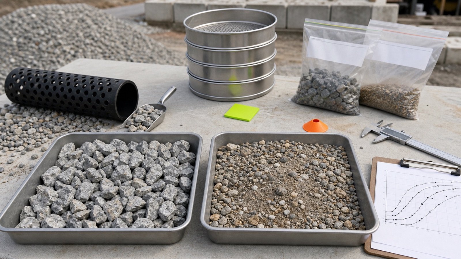 Clean coarse drainage stone and a fines-rich mixed aggregate in separate sample trays beside sieves, pipe, sample bags and a gradation chart.