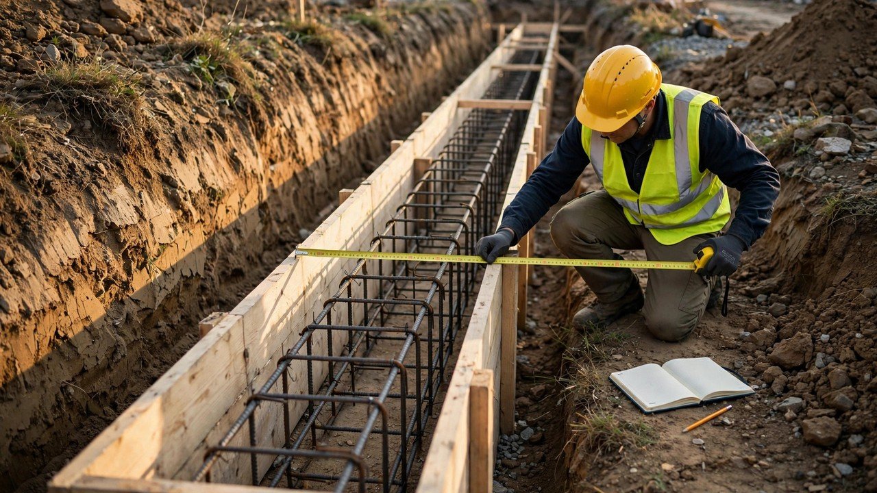 A construction worker in a yellow hard hat and high-visibility vest kneeling beside timber grade beam formwork inside an excavated trench, stretching a yellow tape measure across the formwork width, with a tied steel rebar cage inside the formwork and an open field notebook and pencil on the ground beside the trench.