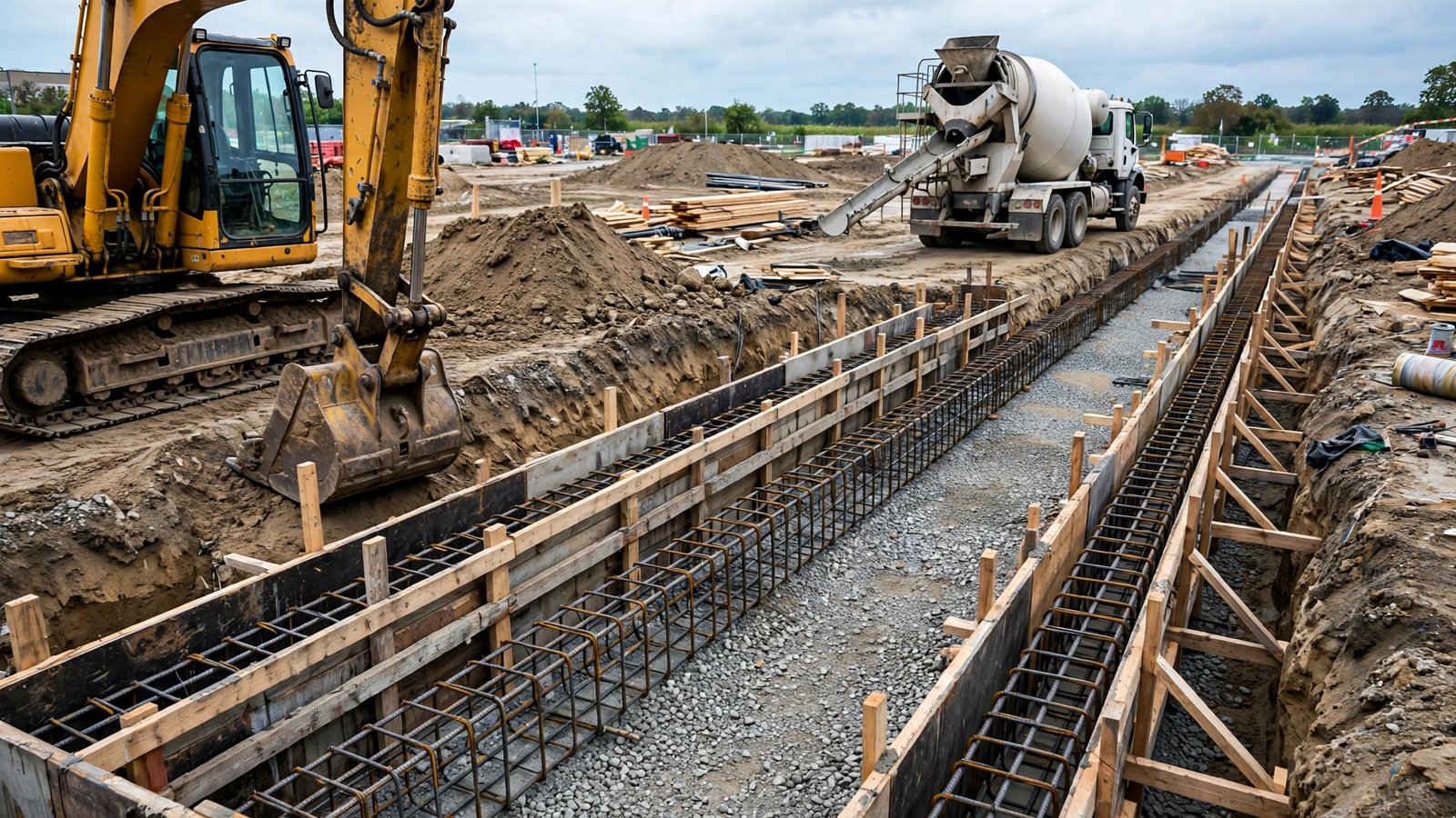 A concrete mixer truck with its chute extended over a long excavated trench lined with wooden formwork and tied steel rebar cages set for a grade beam, with a yellow excavator, gravel base layer, and stacked form lumber on site.