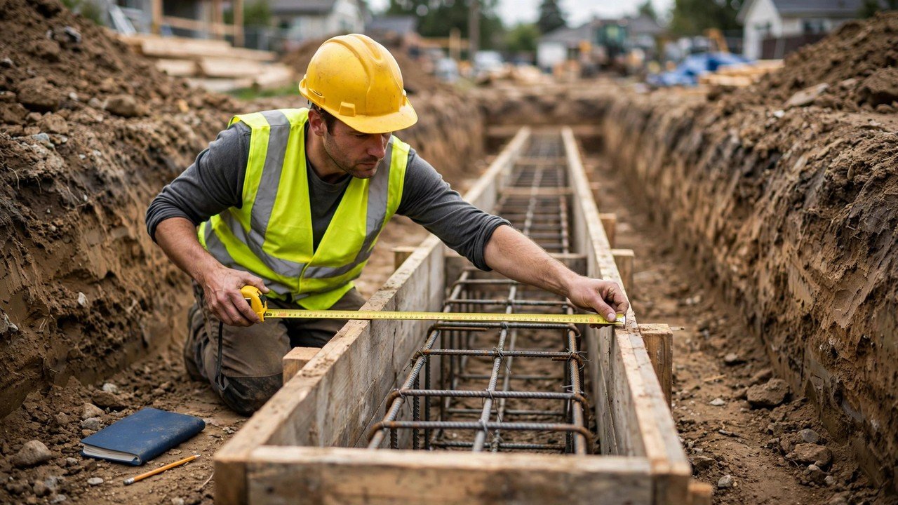A construction worker in a yellow hard hat and high-visibility vest kneeling beside timber grade beam formwork inside an excavated trench, stretching a yellow tape measure across the formwork width, with a tied steel rebar cage inside the formwork and a field notebook and pencil on the ground beside the trench.