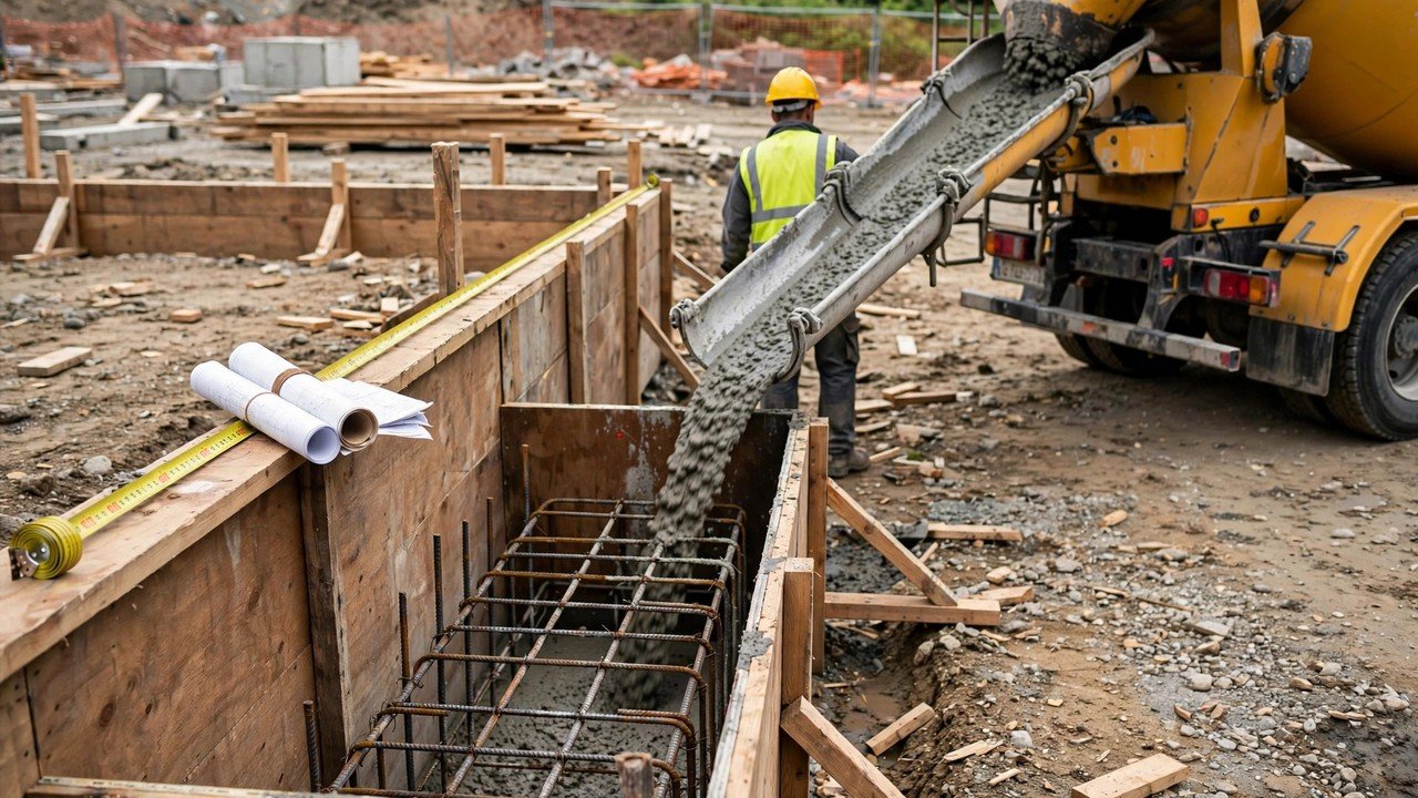 A ready-mix concrete truck discharging concrete through its chute into a timber-formed grade beam footing with a tied steel rebar cage inside the formwork, while a construction worker in a yellow hard hat and high-visibility vest guides the chute; rolled construction drawings and a yellow measuring tape rest on the formwork edge.