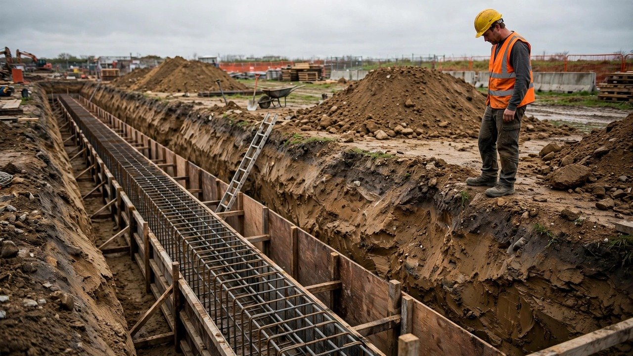 A construction worker in a yellow hard hat and orange safety vest standing at the edge of a long grade beam foundation trench with sloped earthen sides, timber formwork panels and a steel rebar cage inside the trench, a ladder placed as egress, and spoil piles set back from the trench edge.