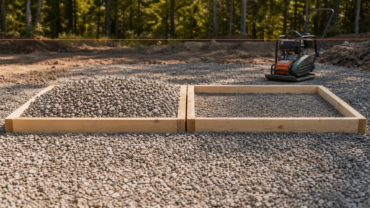 Adjacent timber test bays containing a high loose gravel pile and a lower compacted gravel surface, with a plate compactor behind them.