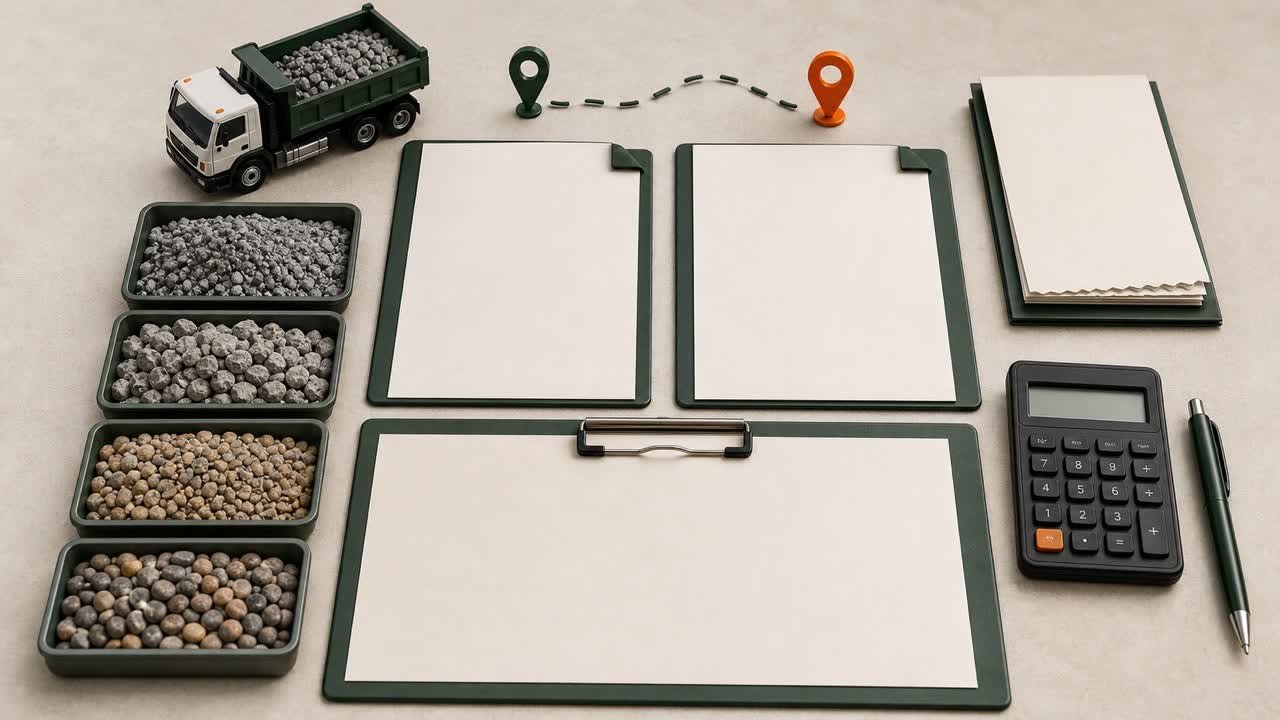 Two supplier quote worksheets compared with gravel samples, delivery, fee, related-work, route, and calculator symbols.