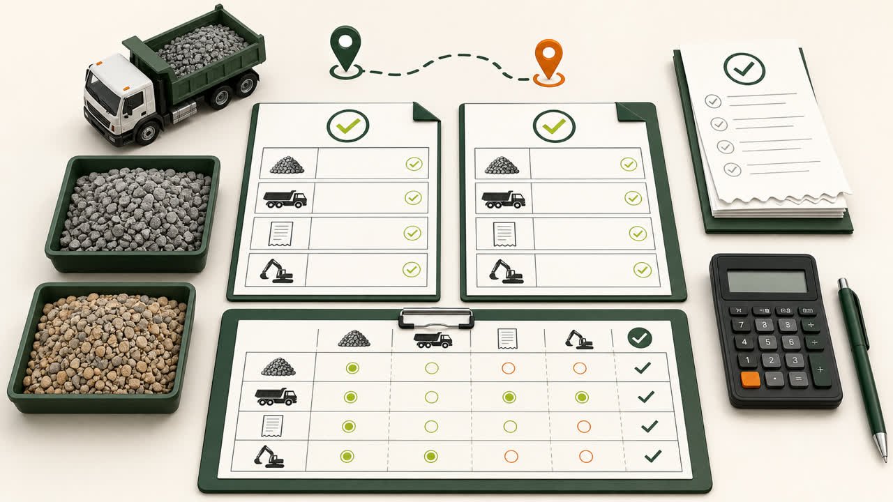 Two supplier quote worksheets compared with gravel samples, delivery, fee, related-work, route, and calculator symbols.