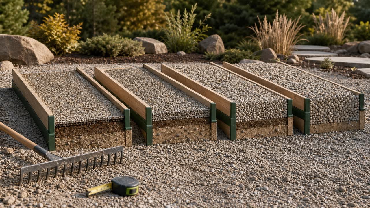 Four equal rectangular plots with progressively deeper gravel layers and progressively larger gravel piles.