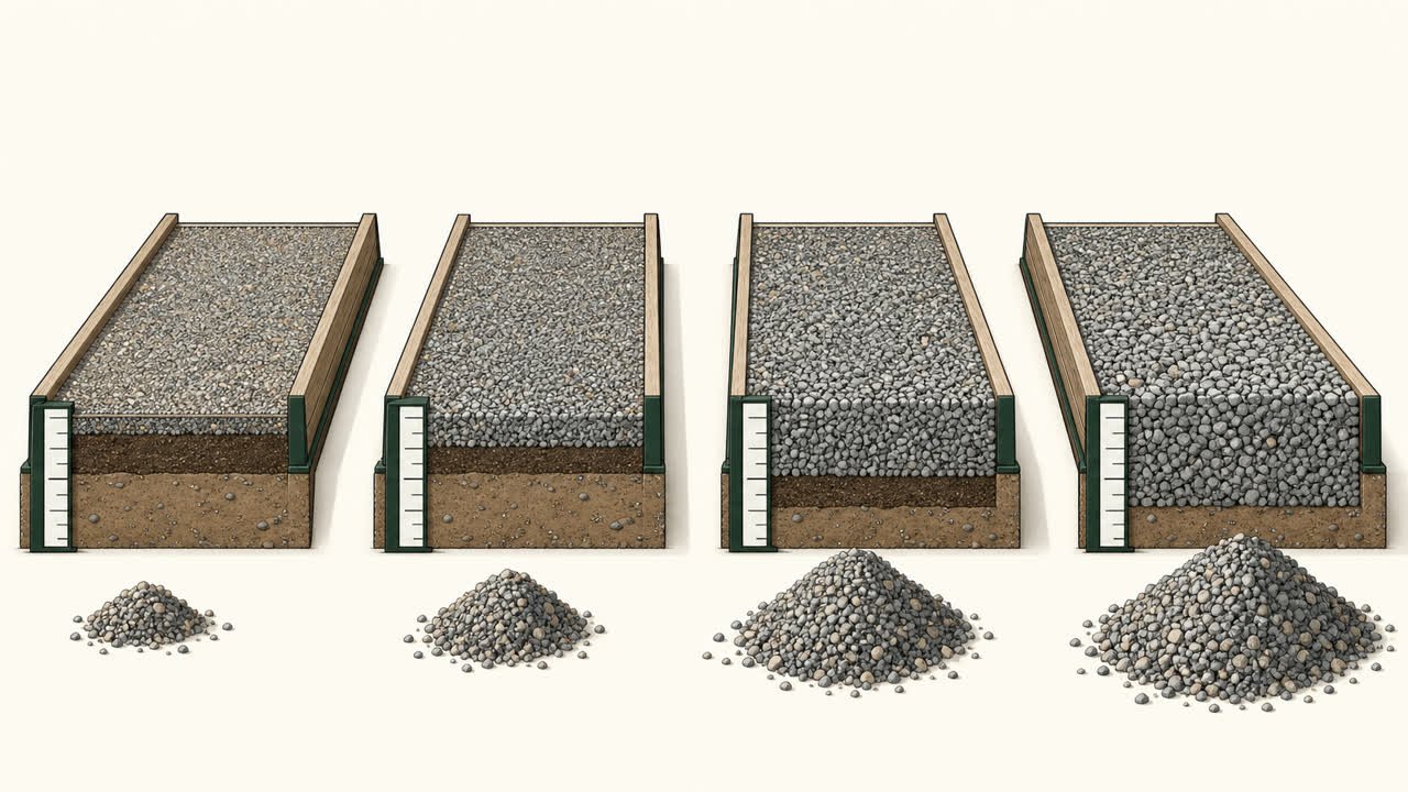 Four equal rectangular plots with progressively deeper gravel layers and progressively larger gravel piles.
